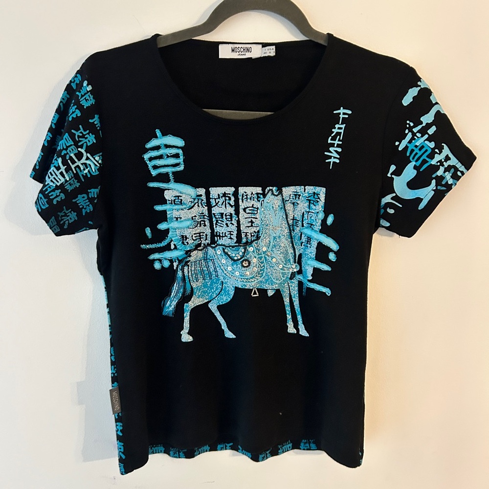 Moschino Black Tee with Turquoise Accents